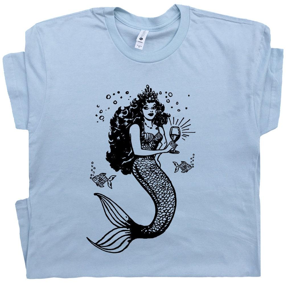 Mermaid T Shirt Vintage Mermaid Drinking Wine T Shirt Funny T Shirt Weird Tee Sea Maiden Womens Cute Salty Beach Mezcal Cool Beer Graphic
