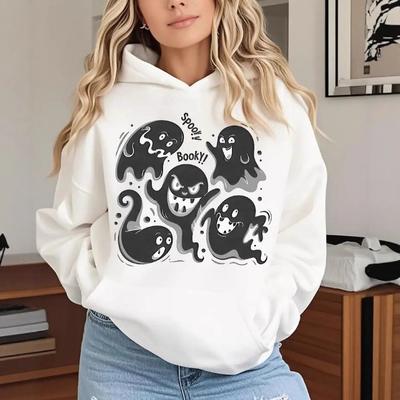 Женские весенне-осенние повседневные спортивные худи свободного кроя с капюшоном, длинным рукавом и большим карманом, с принтом привидения на Хэллоуин, пуловер, толстовка, топ