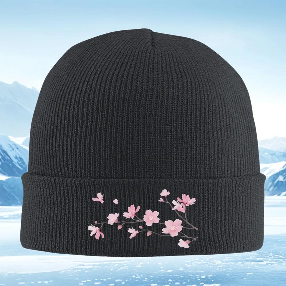 New Blossom branch elegant flowers black background Men Women Unisex Knitted Hat Beanie O