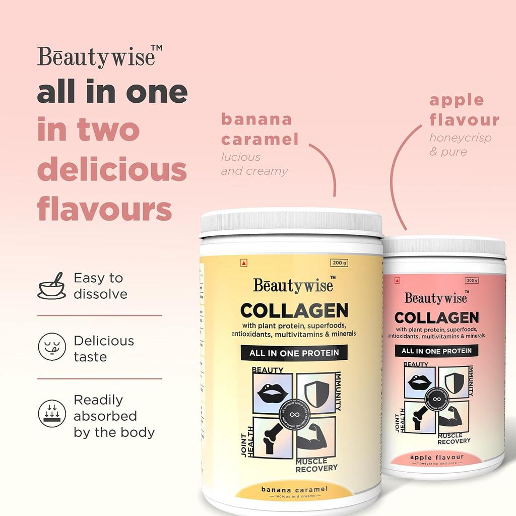 Beautywise All In One Collagen Proteins Powder For Beauty, Muscle Recovery, Joint Health And Immunity With Plant Proteins 200G(Apple Flavor Pack Of 1)