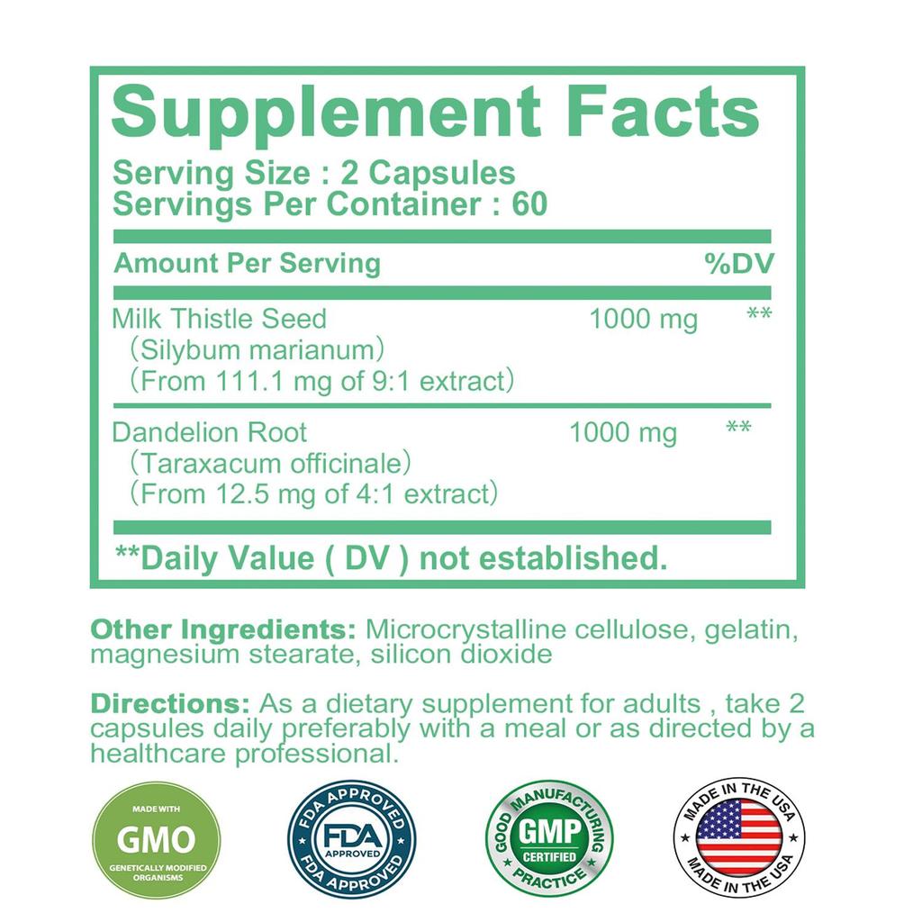 Milk Thistle 1000mg-w/ Dandelion Root Liver Support Liver Cleanse Detox & Repair