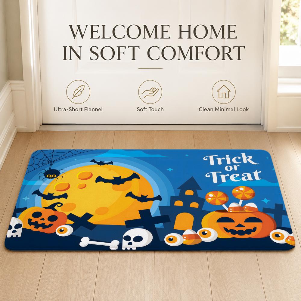 Pretty Happy Halloween Party Floor Mat Cozy Minimalist Flannel Area Rug Anti-Slip Washable Bedroom Living Room Decor