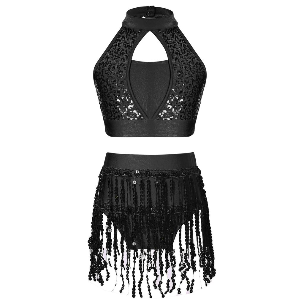 Детский укороченный топ с пайетками для девочек и юбка, комплект одежды для джазовых латинских танцев, костюм из 2 предметов, танцевальная одежда