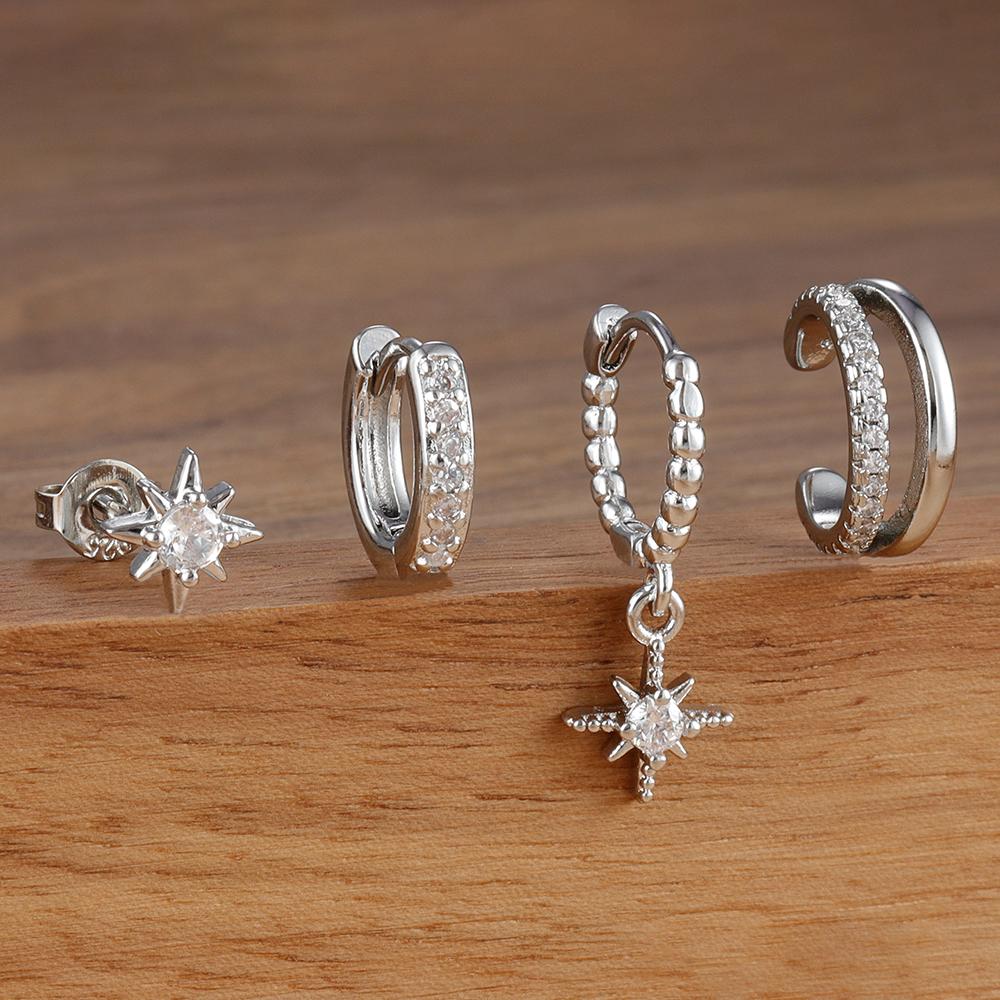 4pcs Fashion Stainless Steel Cubic Zirconia Star Dangle Earring Set For Women Cartilage Piercing Earring Ear Clip Korean Jewelry