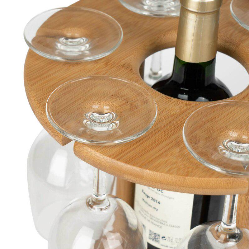 Съемная винная полка Деревянный держатель для бокала для вина Бамбуковая настольная винная полка для 6 стаканов и 1 бутылки вина