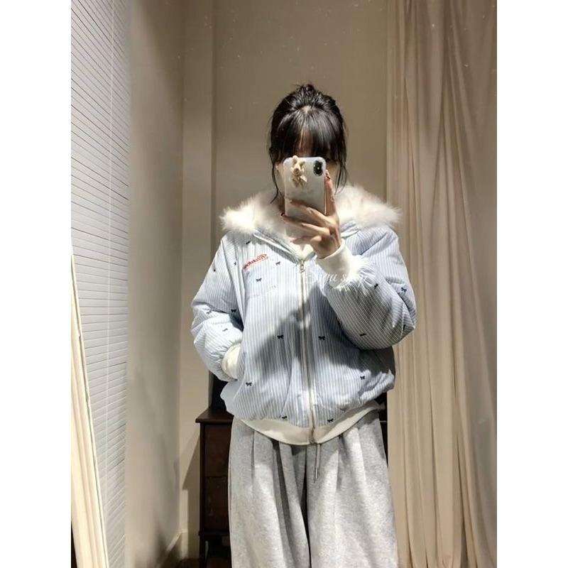 Wearing cat ears hooded cotton clothes on both sides, women's winter design, fur collar striped cotton padded thick warm jacket