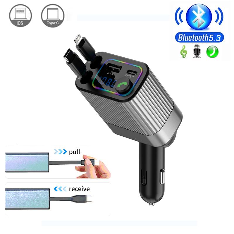 Автомобильный Bluetooth 5.3 FM-трансмиттер USB PD Двойной кабель Type-C Быстрая зарядка Адаптер автомобильного зарядного устройства Звонок в режиме громкой связи Автомобильный радио FM-модулятор