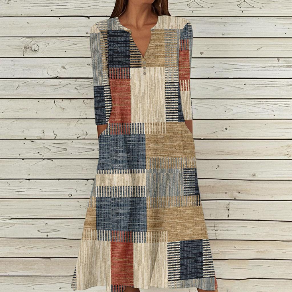 Женское летнее повседневное платье с V-образным вырезом на пуговицах, в стиле ретро, с геометрическим принтом, рукавами три четверти и карманами