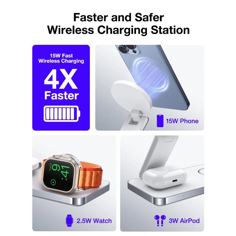 Магнитная подставка для быстрого беспроводного зарядного устройства 3 в 1, складная зарядная станция для iPhone 16, 15, 14, 13, 12, часов 9, 8, 7, 6, Airpods Pro