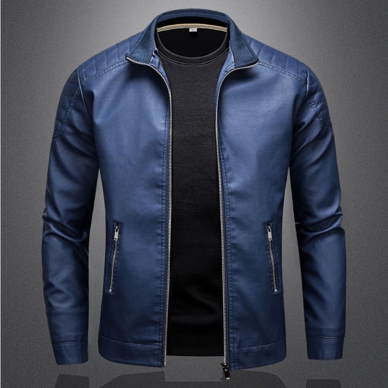 Leather Men's Slim Jacket Trendy Thin Jacket Men's Motorcycle Clothing Large Size Stand-Up Collar Leather Jacket
