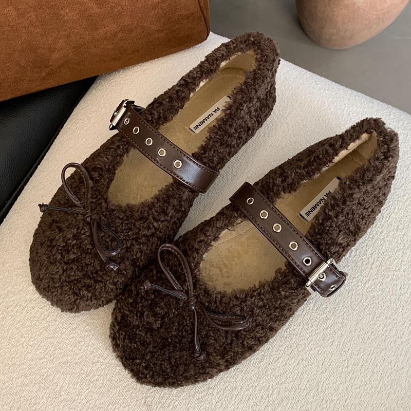 Мода Мода Меховая Обувь Ремешок с Пряжкой Женские Балетки с Обувью Зима Женские Неглубокие Балетки с Бантиком Леди Балетки Мэри Джейн Теплая Обувь