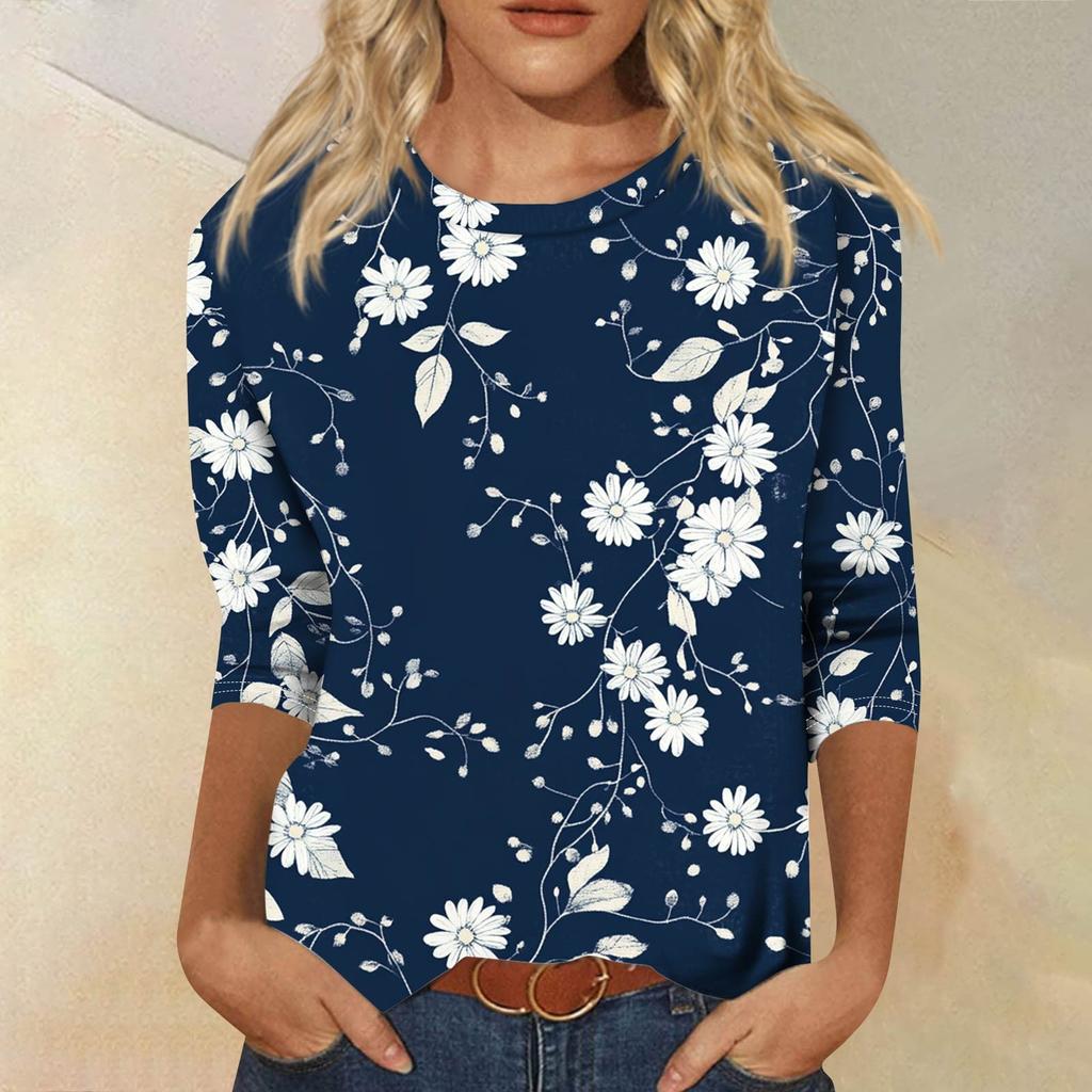Women's Fashion Casual Round Neck 3/4 Sleeve Loose Printed T-Shirt Ladies Top