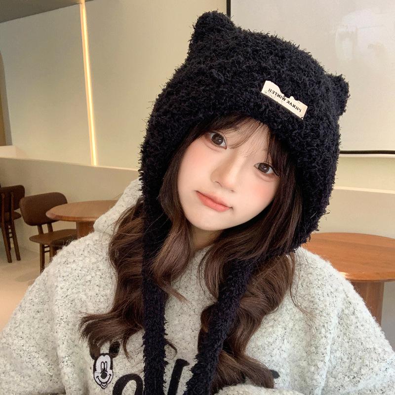 Осенне-зимняя шапка женская милая с медвежьими ушками вязаная шерстяная шапка зимняя теплая плюшевая шапка с защитой ушей толстая