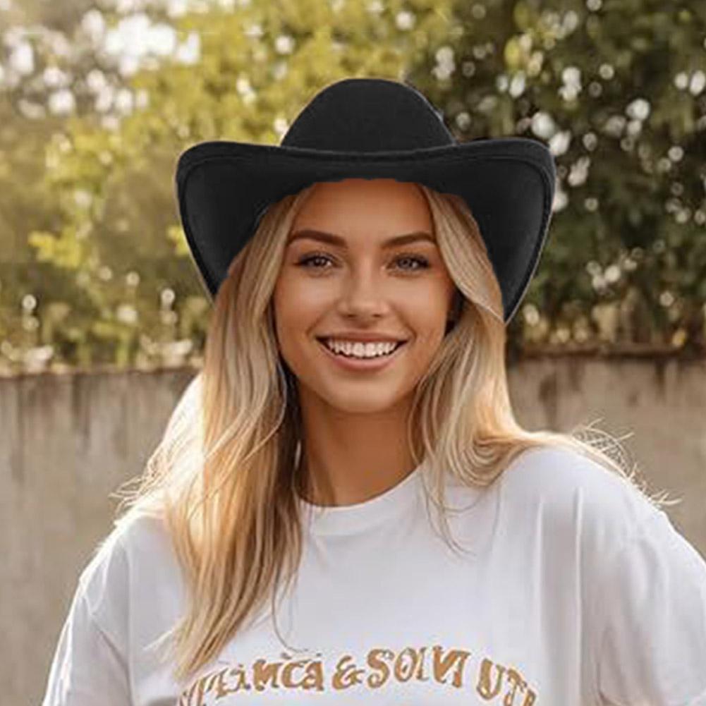 Womens Felt Western Cowboy Hats Studded Pinched Western Cowgirl Hats Wide Brim Retro Fedoras Hat Belt Buckle Vacation Party Hat