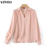 VONDA Женская рубашка с пышным воротником и длинным рукавом, украшенная жемчугом, однотонный свободный топ