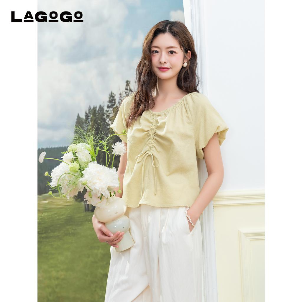 [Same as in the mall] Lagogo Lago Valley new style white temperament all cotton design sense top for women
