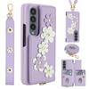 For Samsung Galaxy Z Fold4 5G Case Card Slots Leather Coated TPU Flower Phone Cover with 2 Straps
