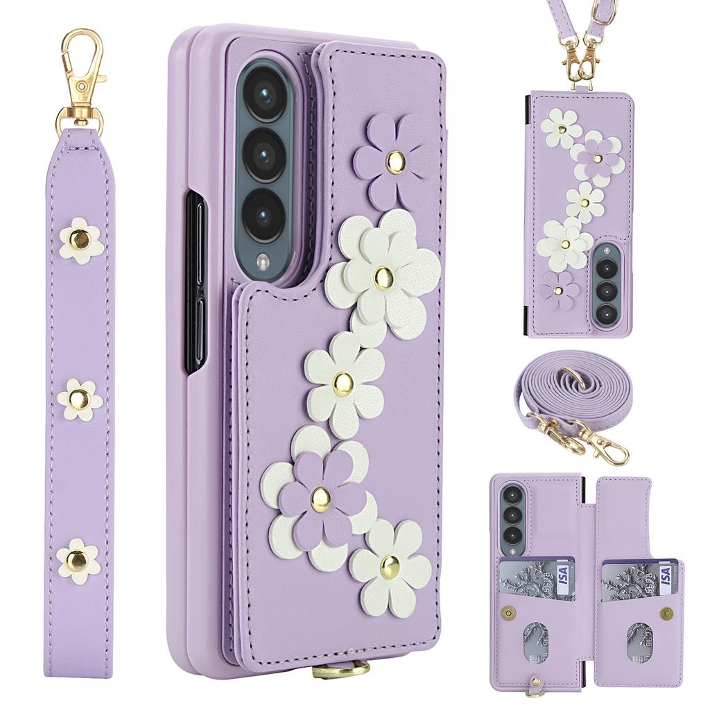 For Samsung Galaxy Z Fold4 5G Case Card Slots Leather Coated TPU Flower Phone Cover with 2 Straps