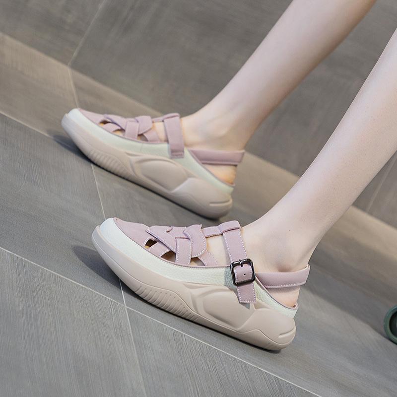 Sandals Women's New Leather Flat Bottom Bag Head Soft Sole Maternity Shoes Casual Fashion Outer Wear Color Matching Beach Sandals