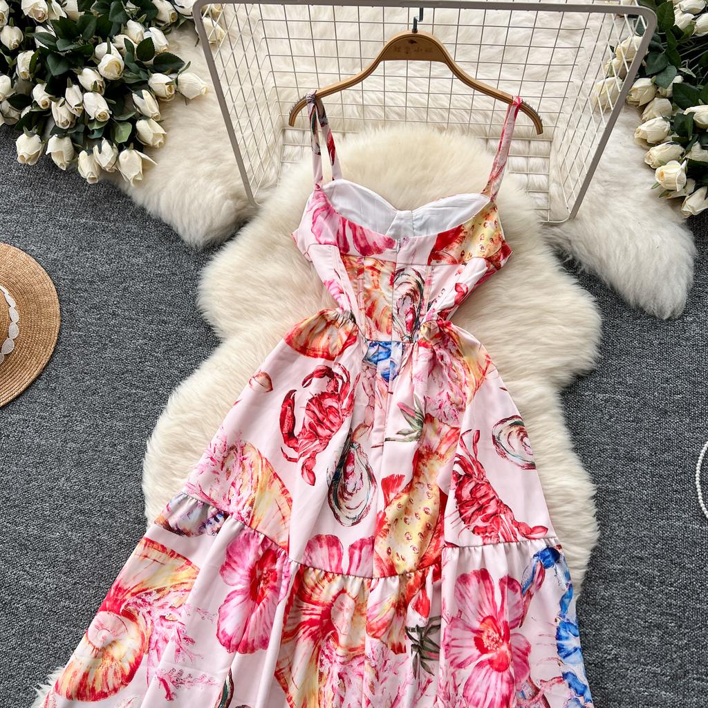 Summer Women Elegant Print Spaghetti Strap Long Maxi Party Dresses with Belt