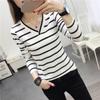 Women's Loose V Neck Striped Long Sleeve Shirt Bottom Long Sleeve Sweatshirt Office Pullover