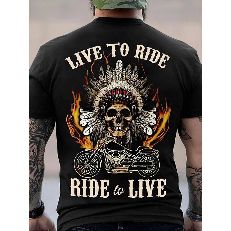 Men's Plus Size Live to Ride Motorcycle T-Shirt - Culture Apparel with Skull & Feather Motorcycle Design, Soft Cotton Crew Neck Short Sleeve Tee for