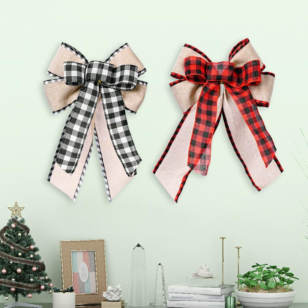 Christmas Bow With Checkered Edges And Ribbon For Festive Tree Decoration