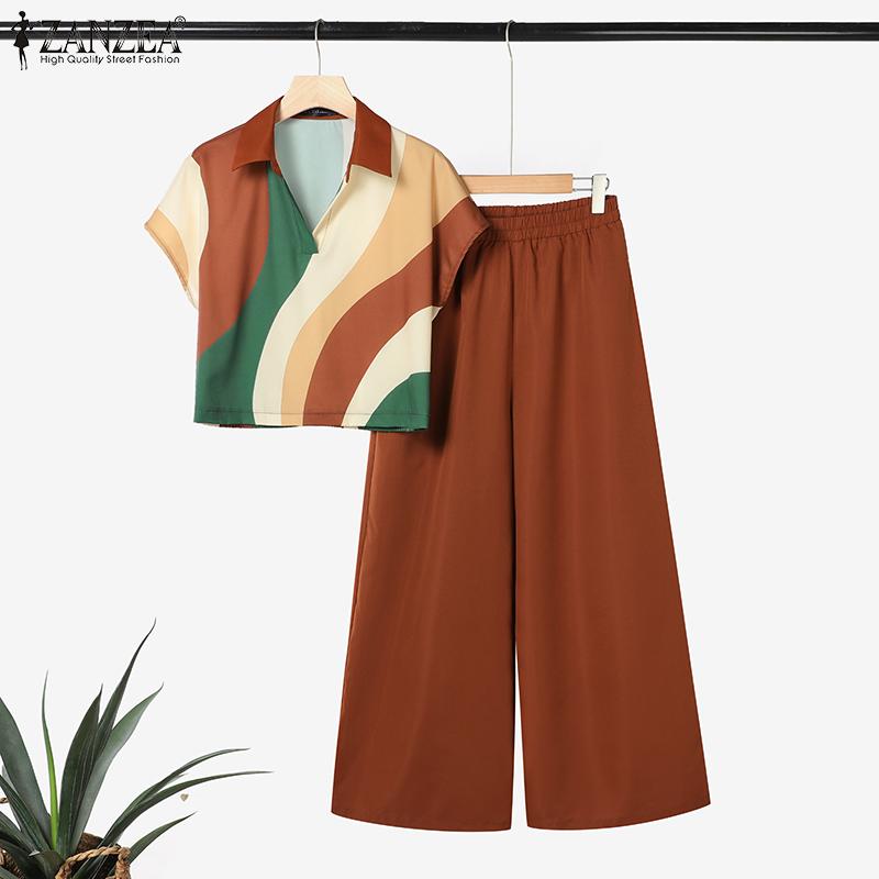 ZANZEA Women Print Blouse and Pants Summer Two Piece Suit Sets