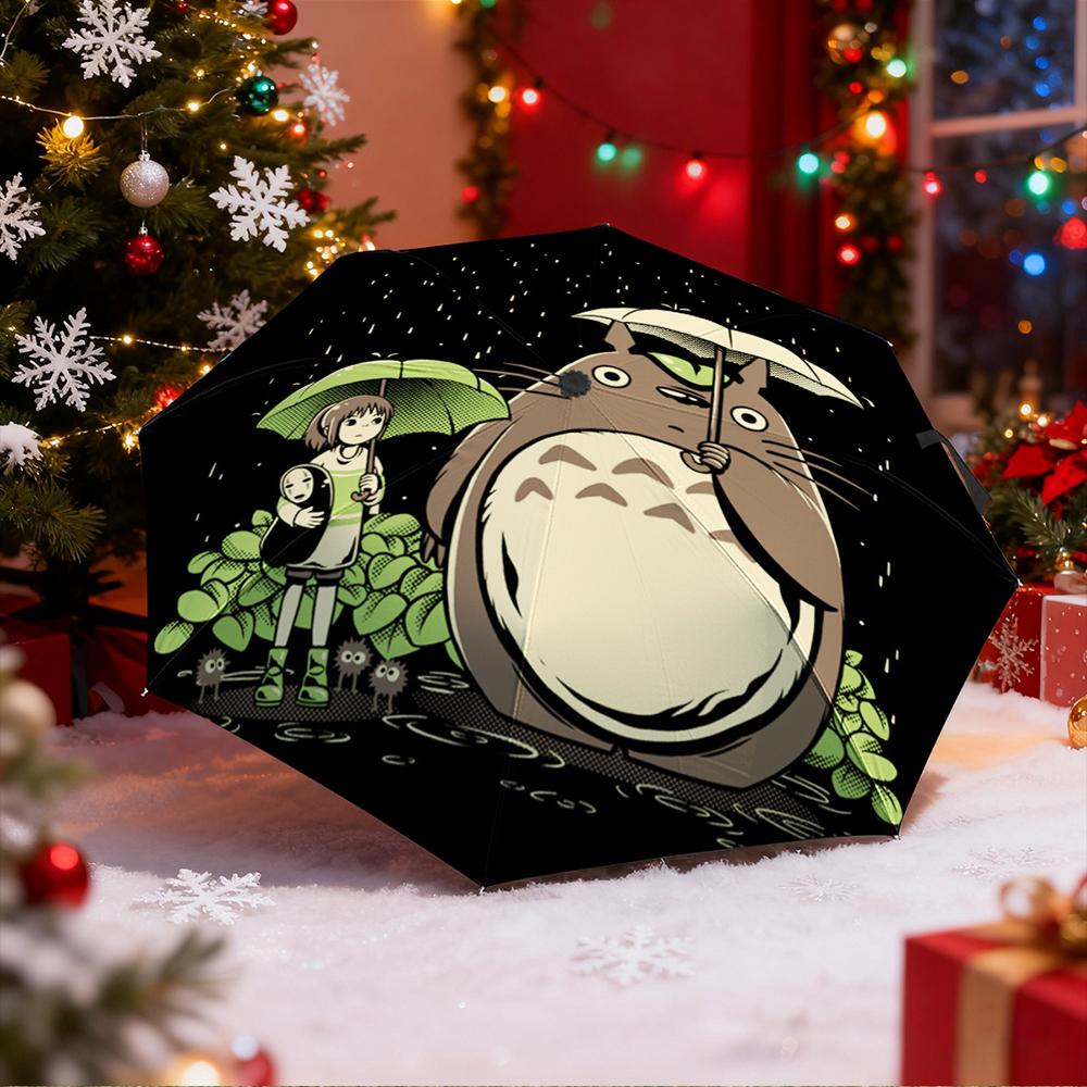Automatic Umbrella with Studio Ghibli Totoro and Spirited Away Rain Scene Print, Cute Anime Umbrella for Women, Gift Rain Gear