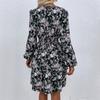 Fall Floral Print Short Dress Women Casual A-Line V-neck Full Puff Sleeve High Waist Black S-XL