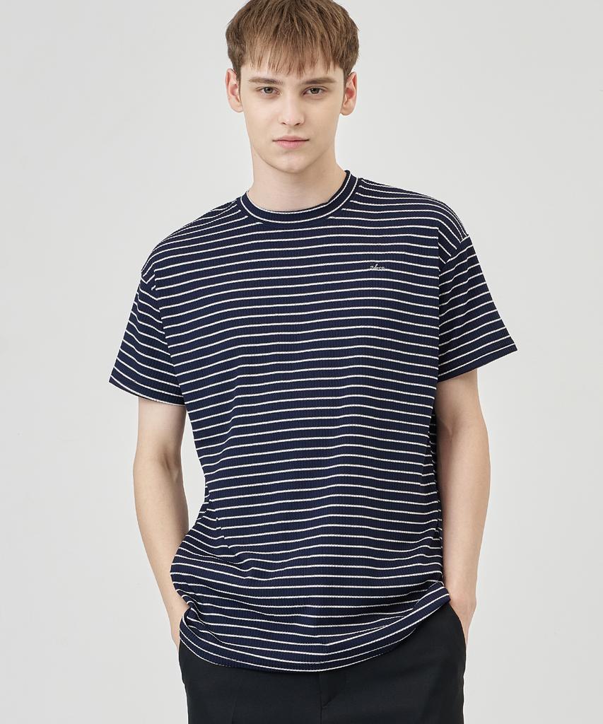 THE-ABON Mulle Striped Stretch Short Sleeve T-Shirt Navy
