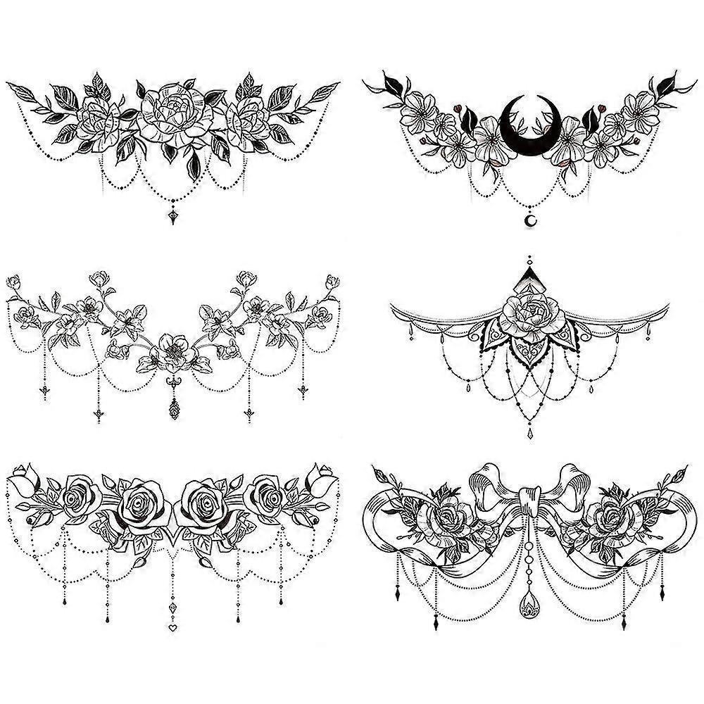 6 Sheets Black Underboob Tattoo For Women, Flower Moon Bowknot Rose Designs Temporary Tattoo Stickers On Chest Waist less