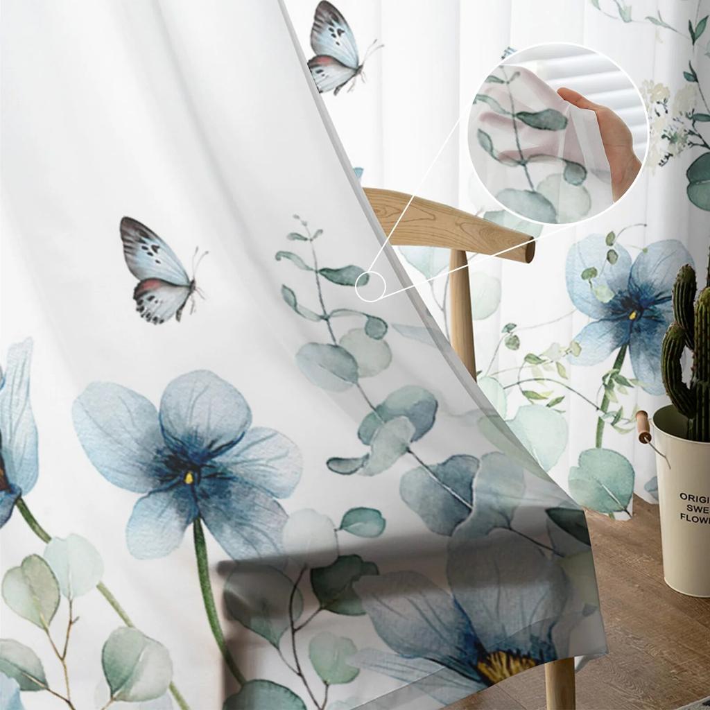 Эвкалипт, тюльпан, бабочка, цветок, ромашка, лист, прозрачные шторы, спальня, гостиная, вуаль, оконные шторы, тюлевые шторы, детская комната