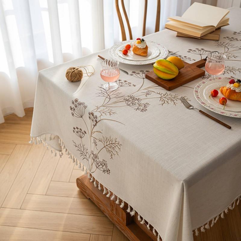 Fresh Linen-Cotton Embroidered Tablecloth Waterproof Dining Table Cloth Modern Cover
