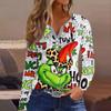 Women's Straight Shoulders Christmas Print Long Sleeve Straight Shoulders V-Neck Button T-Shirt Top
