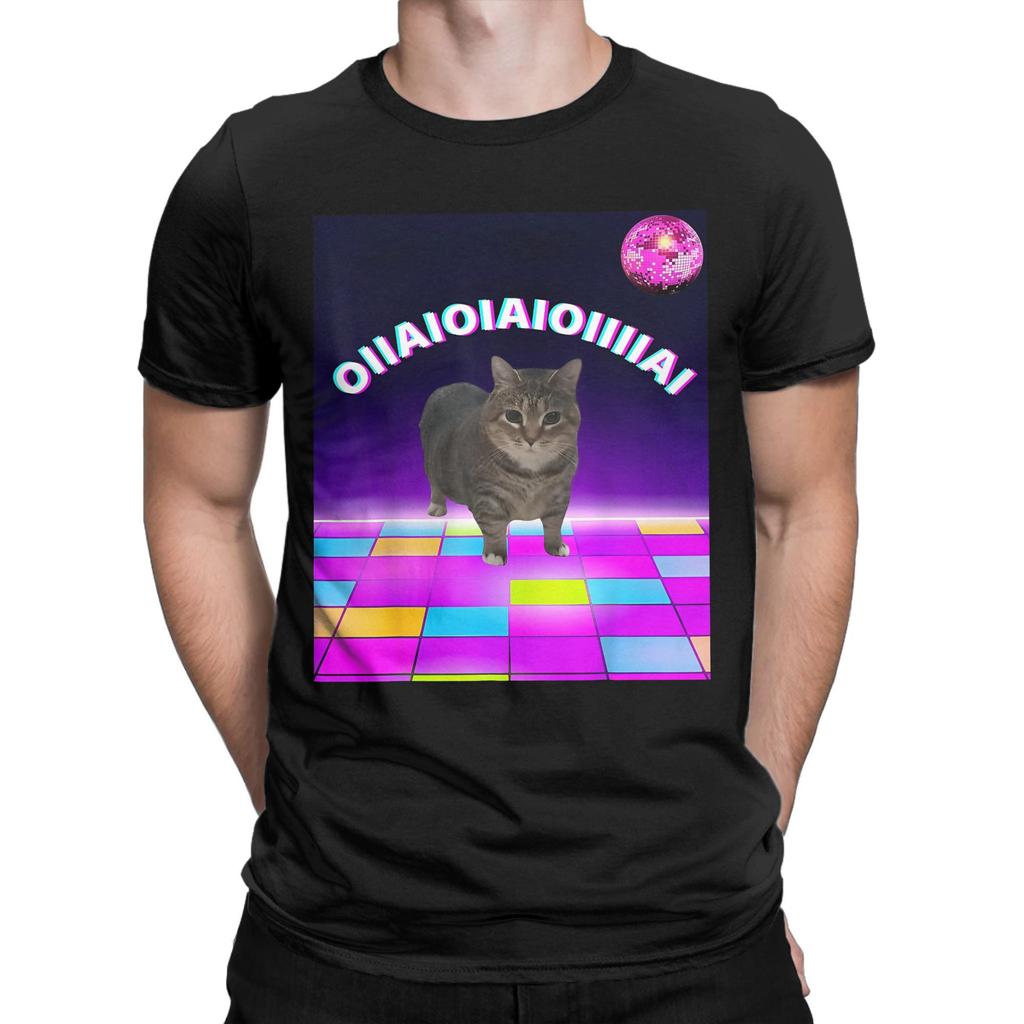 OIIA OIIA Мем с кошкой для спиннинга Мужские футболки Диско-танец Модные Новинка Короткий рукав Круглый вырез Хлопок Одежда для взрослых