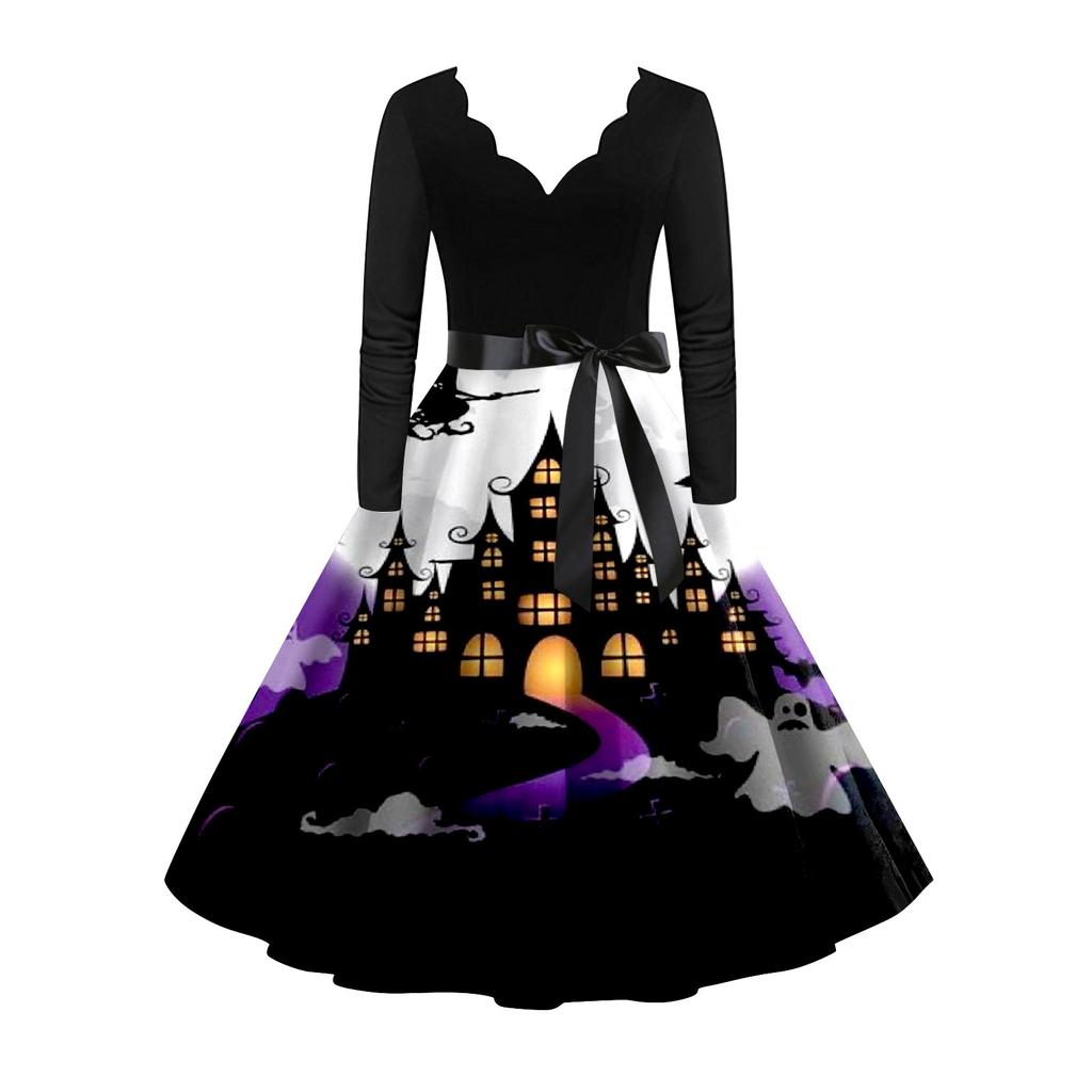 Платье с расклешенным принтом на Хэллоуин для женщин, платье с длинным рукавом, полые вечерние повседневные платья