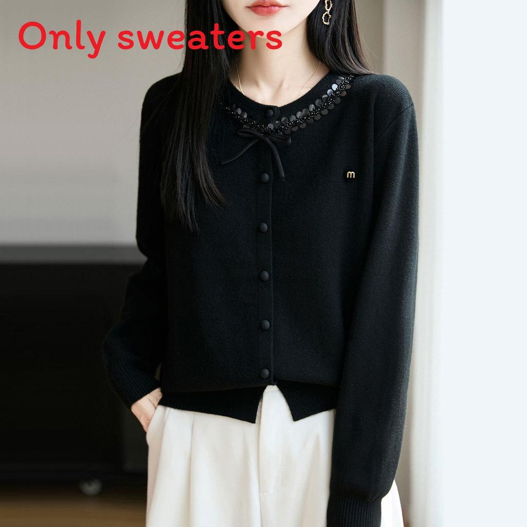 Womens Knit Cardigan With Sequins And Bow Decorations For Autumn Casual Wear