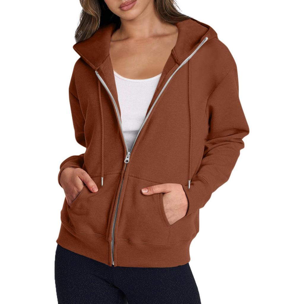 Women's Casual Fashion Solid Color Long Sleeved Zippered Hooded Sweatshirt