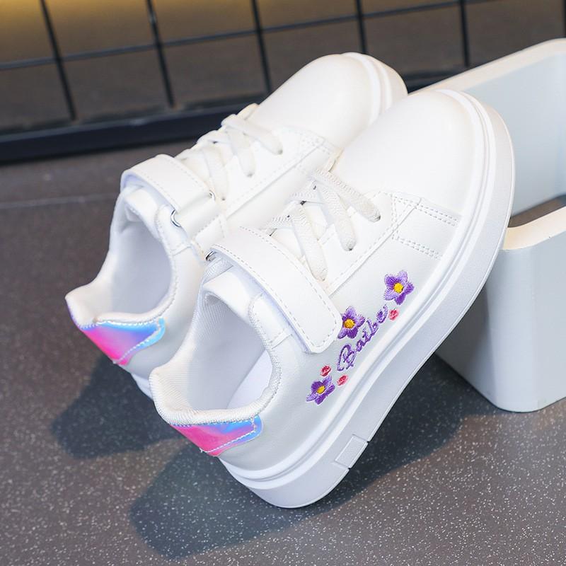 Kids Casual White Platform Sneakers With Chinese Plum Blossom Embroidery Breathable Mesh Lining Rubber Sole Girls Boys