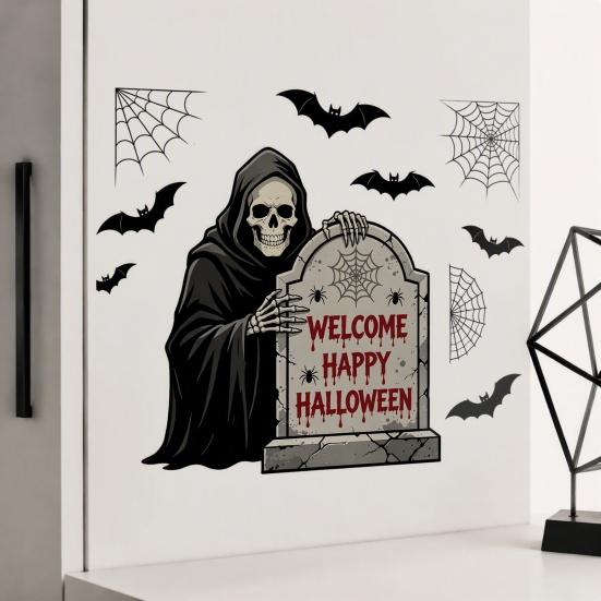Halloween Wall Decals Grim Reaper Decals, Scary Tombstones Bats Spider Web Vinyl Holiday Party Decorations Sticker, Peel And Stick Removable
