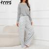 Женская мода повседневная весна осень полосатый принт длинный рукав О-образный вырез брюки брюки костюмы