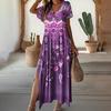 Women Summer Dress V Neck Colorful Print Side Split Loose A-line Short Sleeves Ankle Length Retro Ethnic Style Soft Beach Vacation Maxi Dress