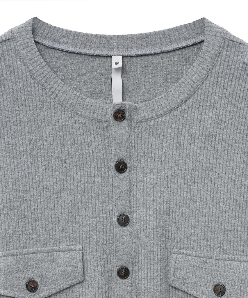 NOIRER Ribbed Henley Neck Long Sleeve T-Shirt (Gray)