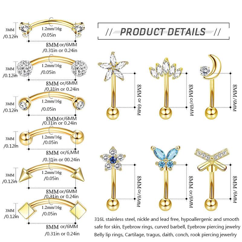 1/11 шт. Кольца для бровей 16G для женщин, Изогнутый штанга, Пирсинг пупка, губ, хряща уха, Daith, Tragus, Helix, Rook, Украшения