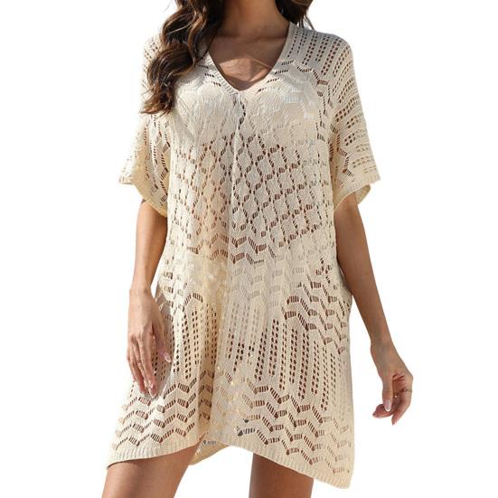Women's Mesh Crochet Swimwear Cover-Up V-Neck Short Sleeve Hollow Out Beachwear Loose Fit Bikini Cover Up Dress for Vacation Travel