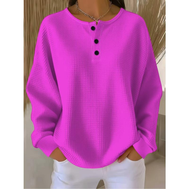 Henley Collar Standard Size Women'S Waffle Long Sleeve Casual T-Shirt, Pure Pink, Soft Skin-Friendly Breathable Fabric