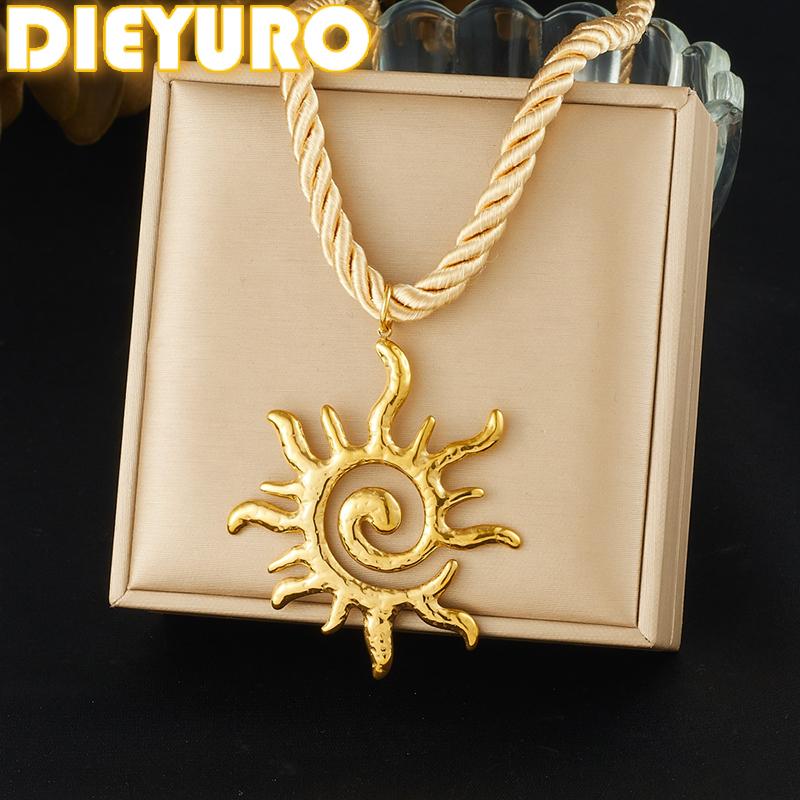 DIEYURO 316L Stainless Steel Golden Big Flame Totem Sun Pendant Yellow Thick Rope Necklace Lady Fashion Waterproof Jewelry Gift