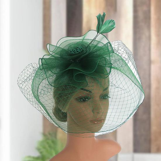 Wiomen Party Fascinator Hat Сетка Ажурная сетка Перо Винтажный цветок Королевский стиль Свадебный головной убор Головной убор Сценическое представление Головной декор Шляпа для волос