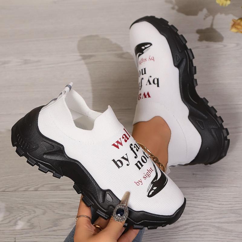 2024 г., спортивные кроссовки с буквенным принтом, женские, дышащие, с толстой подошвой, белые, женские, удобные, без застежек, трикотажные, балетки, женские